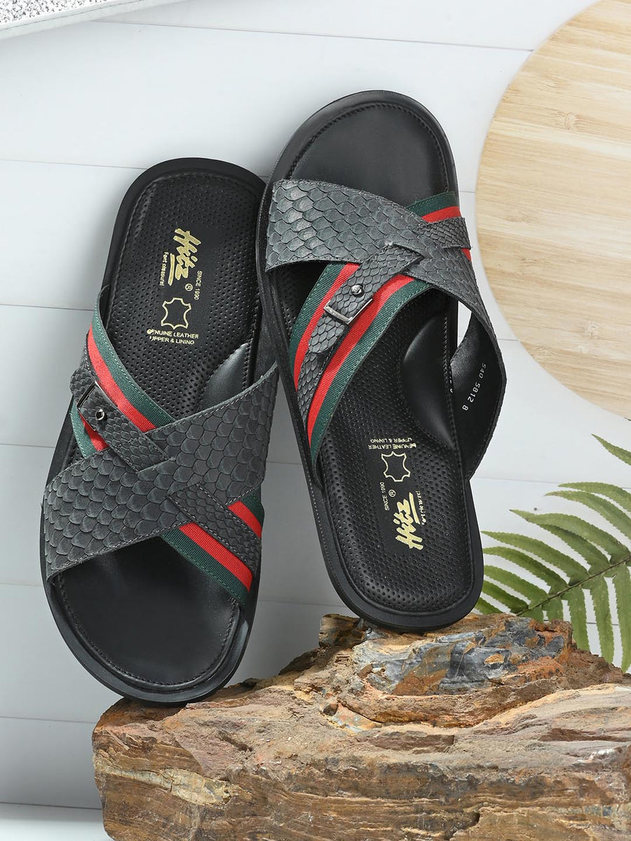 Hitz Men's Grey Comfort Cross Strap Open Toe Slippers