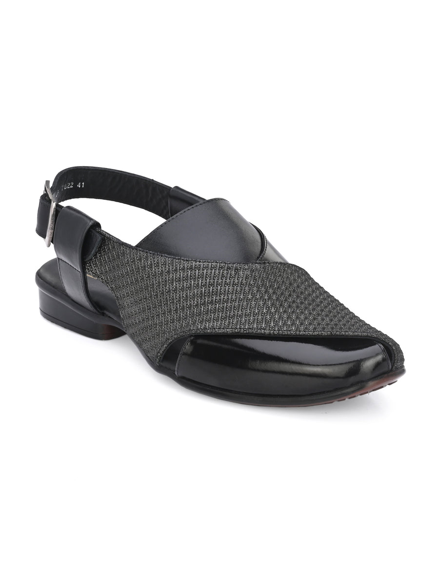 Hitz Men's Black Leather Peshawari Sandals with Buckle Closure