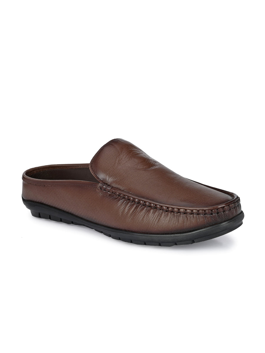 Hitz Men's Brown Leather Half Shoes Flat Mule Loafers – Hitz Shoes