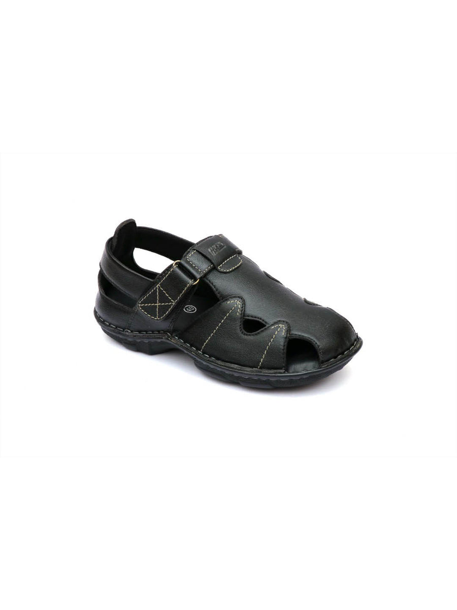 Hitz Men's Black Leather Open Toe Comfort Sandals with Velcro