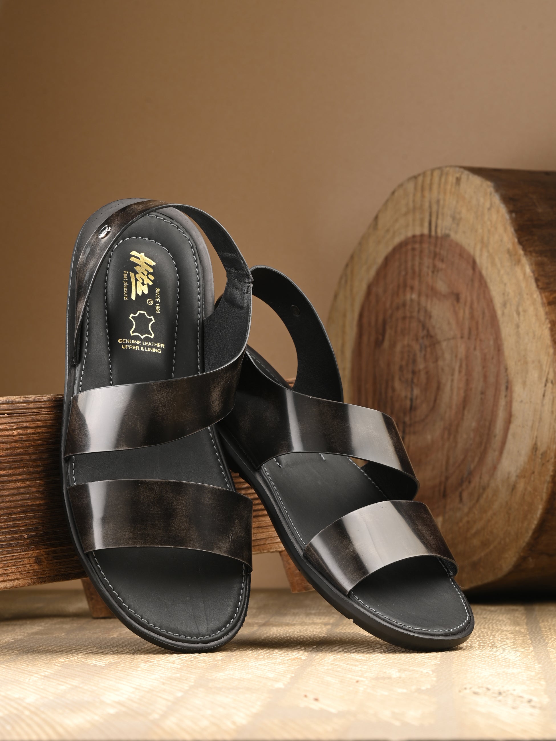Hitz Men's Grey Leather Daily Wear Sandals
