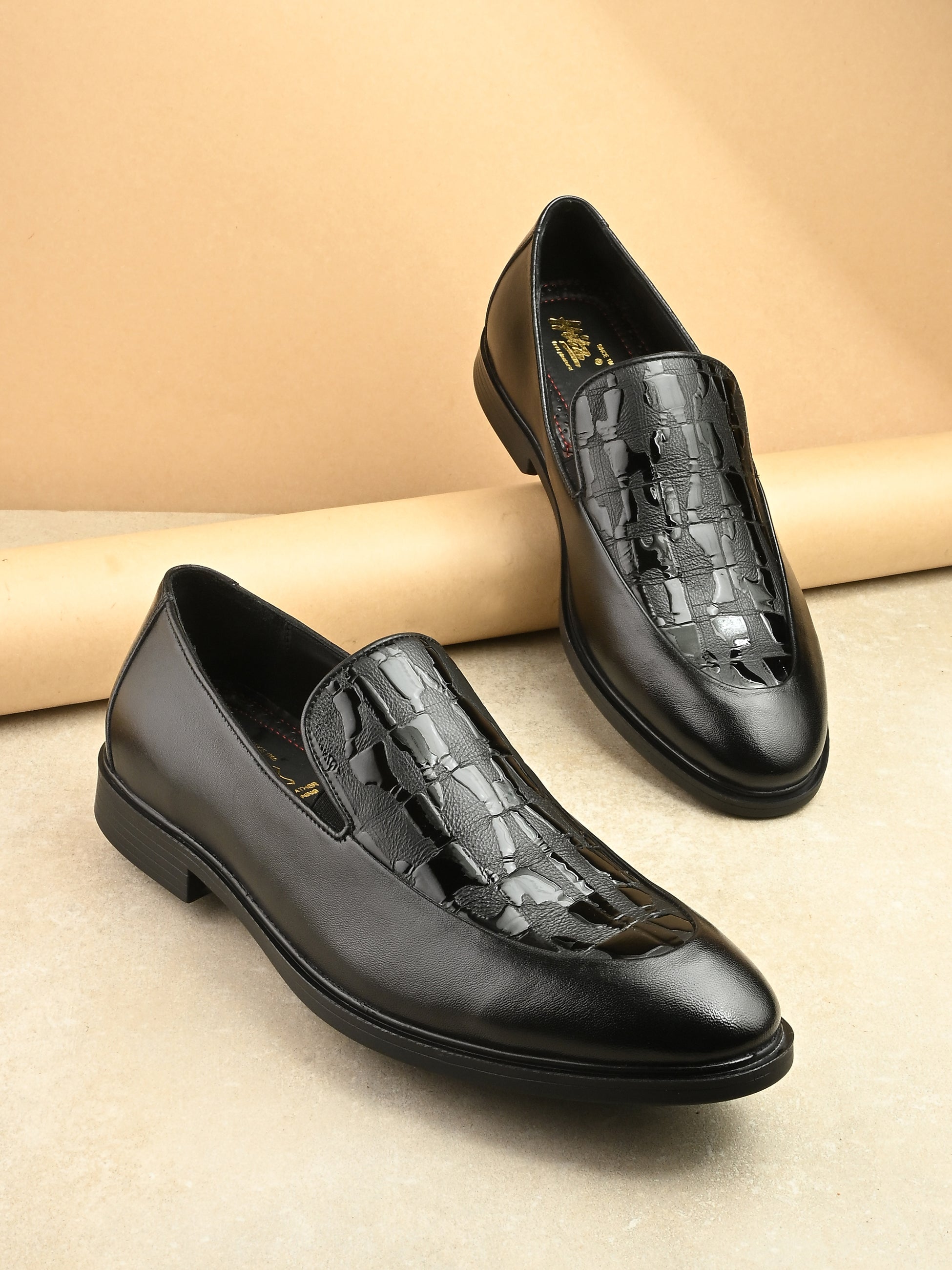 Hitz Men's Black Leather Formal Slip On Shoes