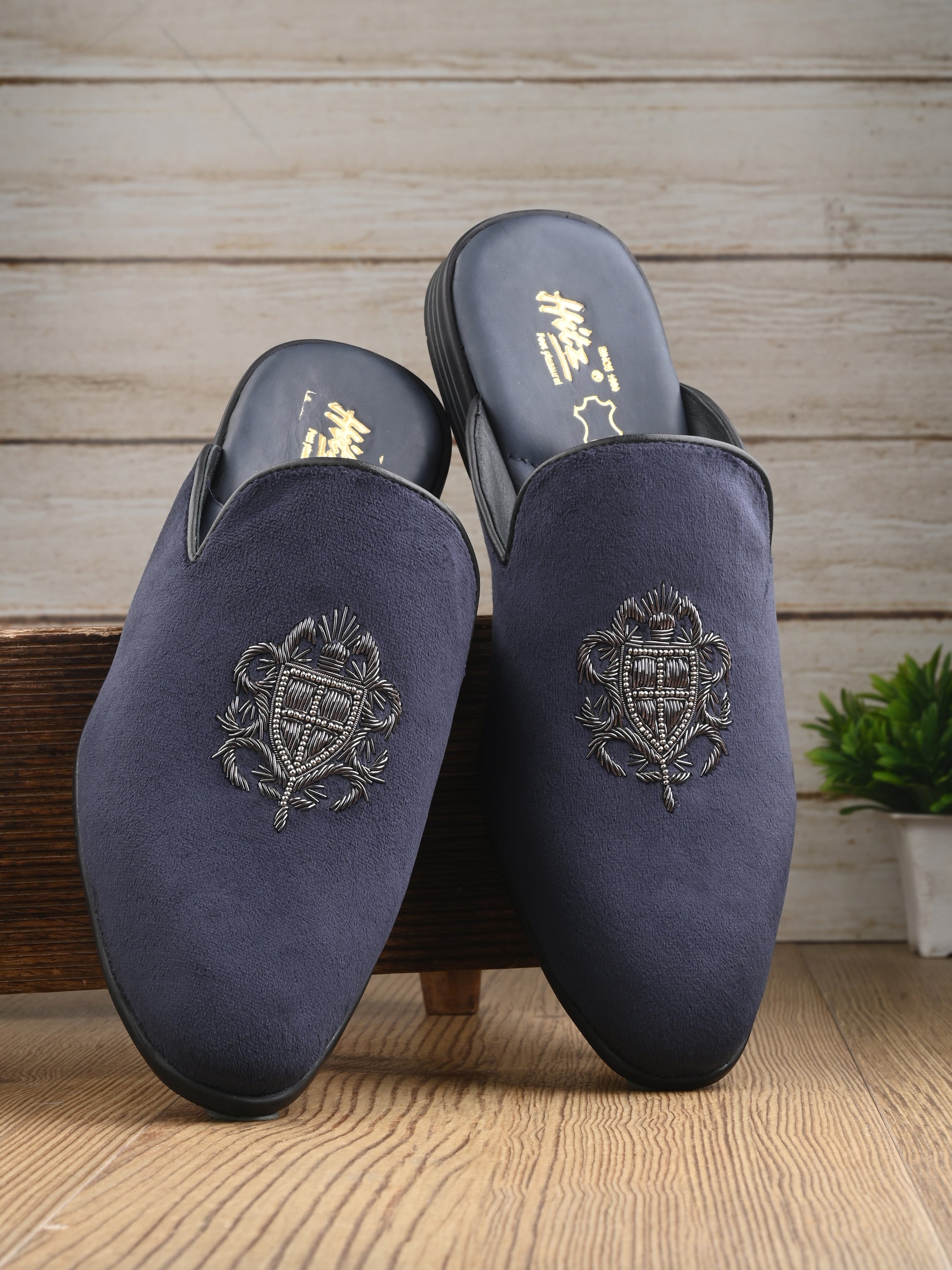 Hitz Men's Blue Leather Half Shoes Ethnic Wear Mule Shoes