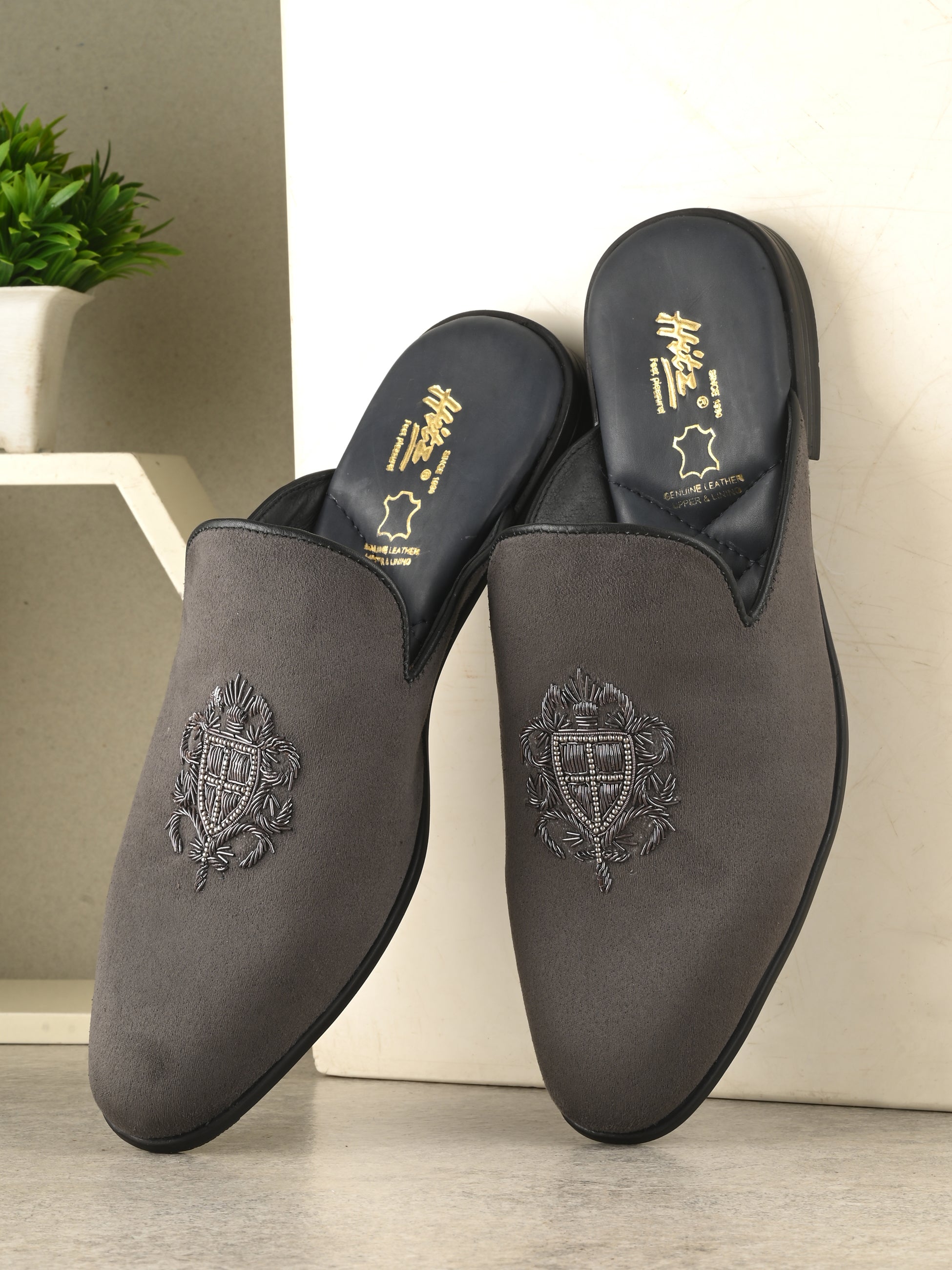 Hitz Men's Grey Leather Half Shoes Ethnic Wear Mule Shoes – Hitz
