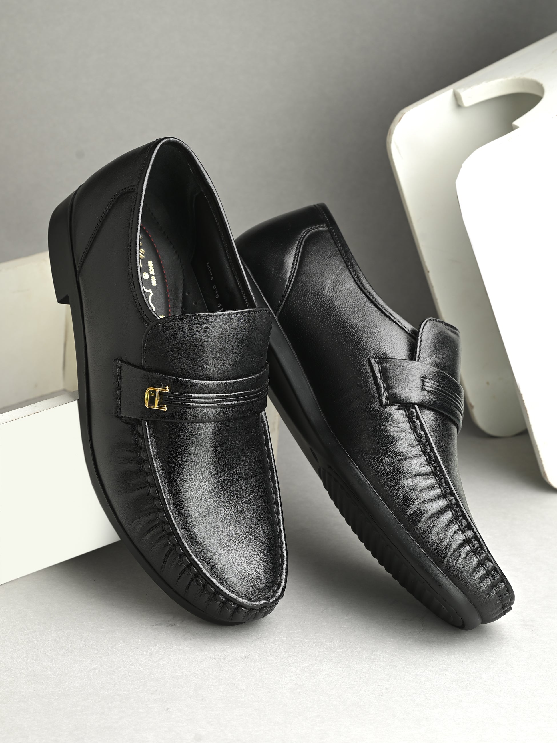 Hitz Men's Black Leather Formal Slip On Shoes