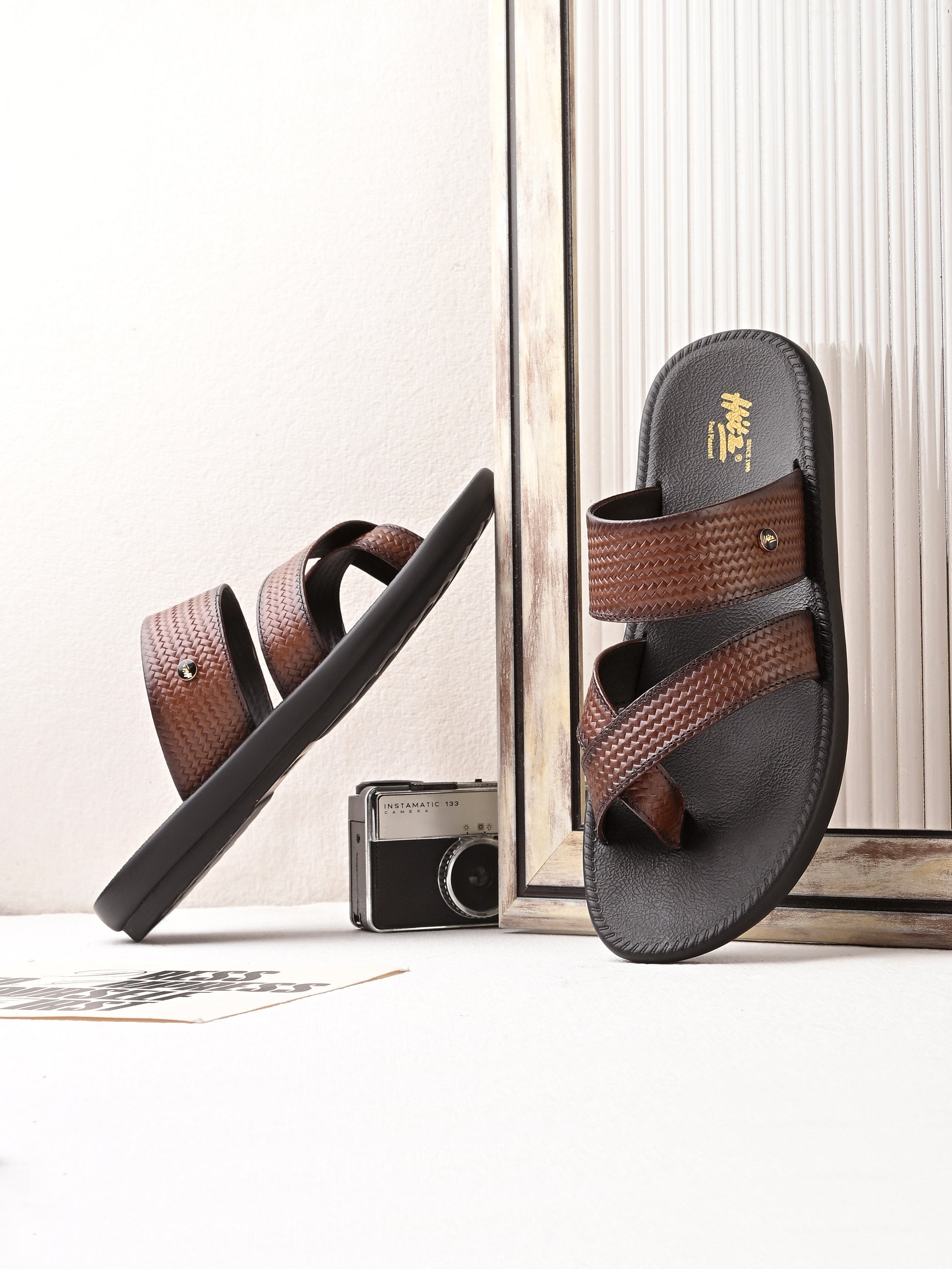 Hitz Men's Brown Leather Casual Daily Wear Slipper