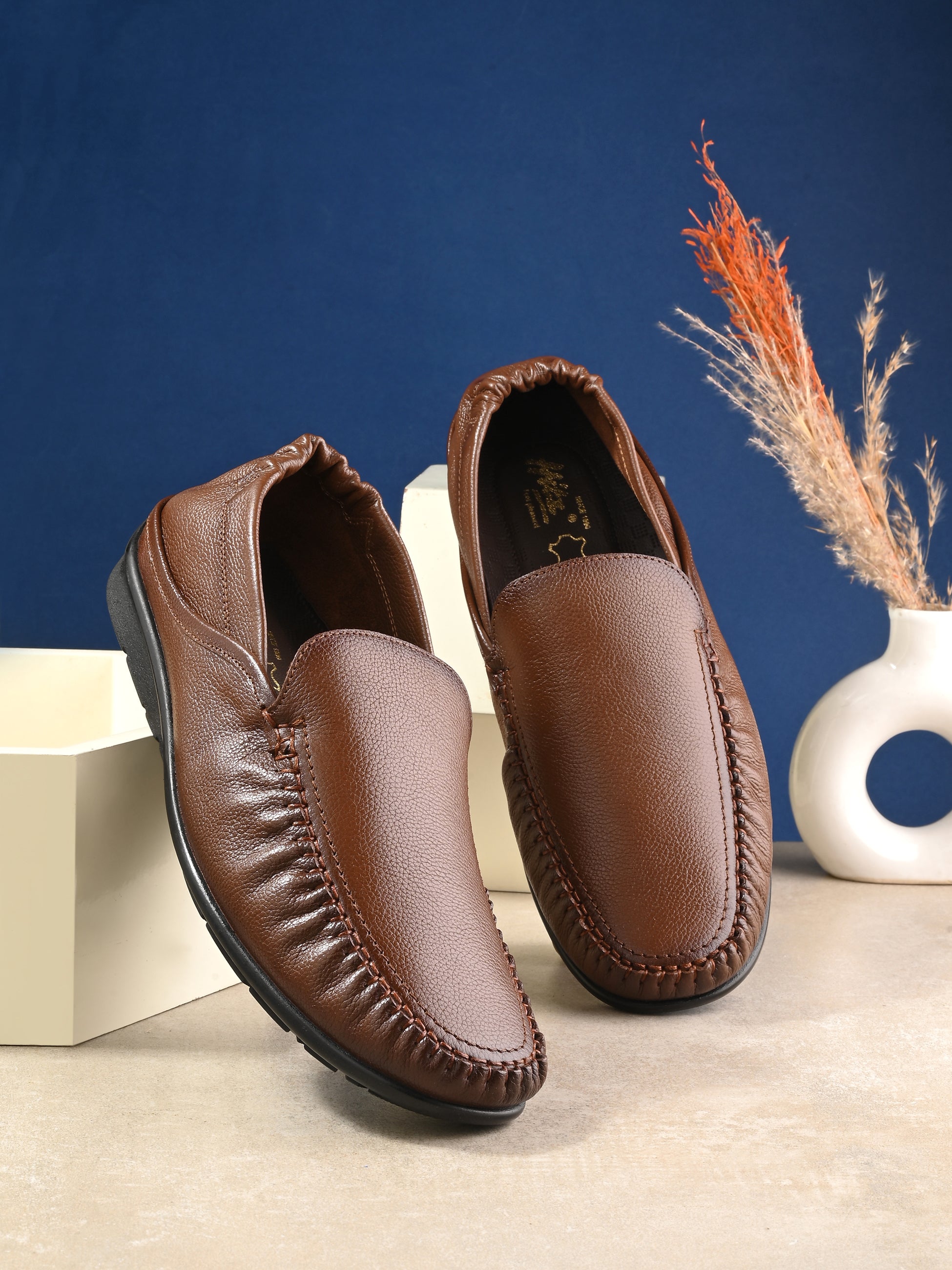 Hitz Men's Tan Leather Slip-On Comfort Loafer Shoes