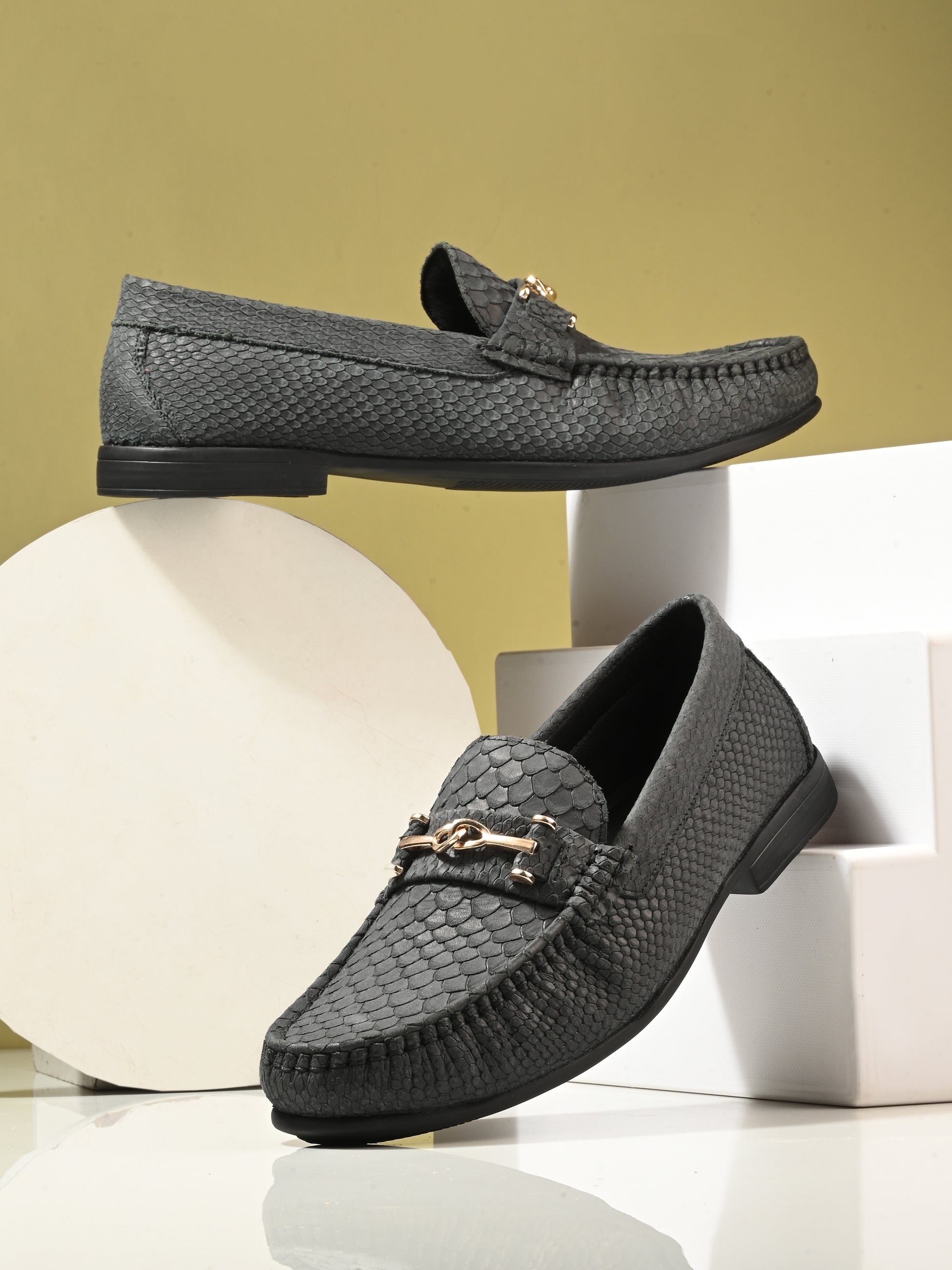 HITZ Men's Grey Leather Casual Loafers