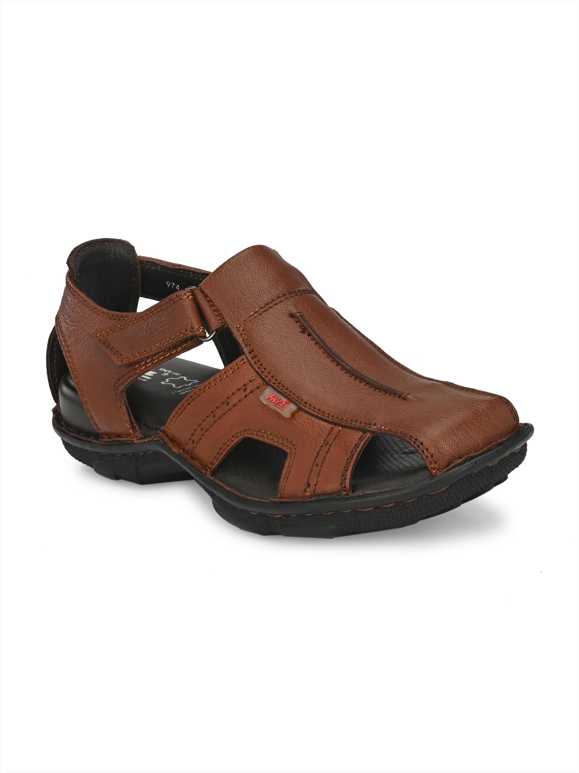 Hitz Men's Tan Leather Comfort Sandals with Velcro Closure 40/6 / Tan