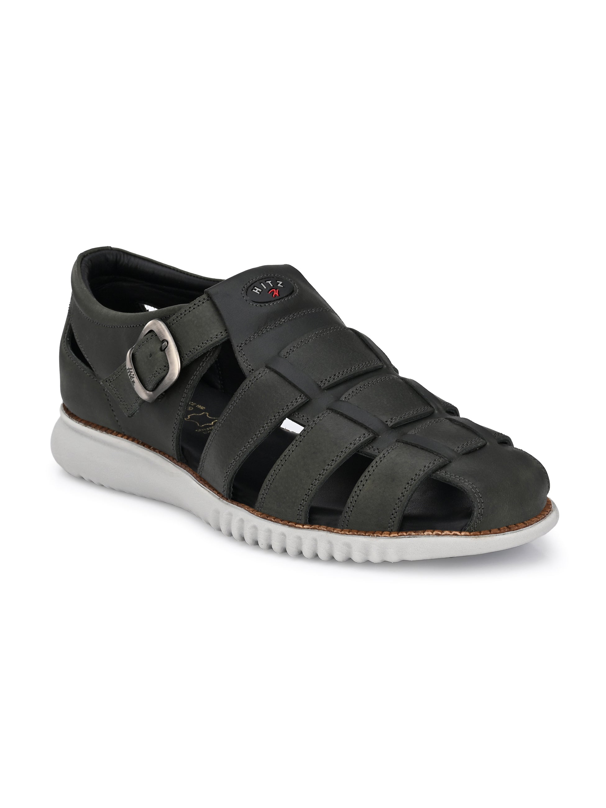 Hitz Men's Black Leather Shoe Style Sandals with Buckle Closure
